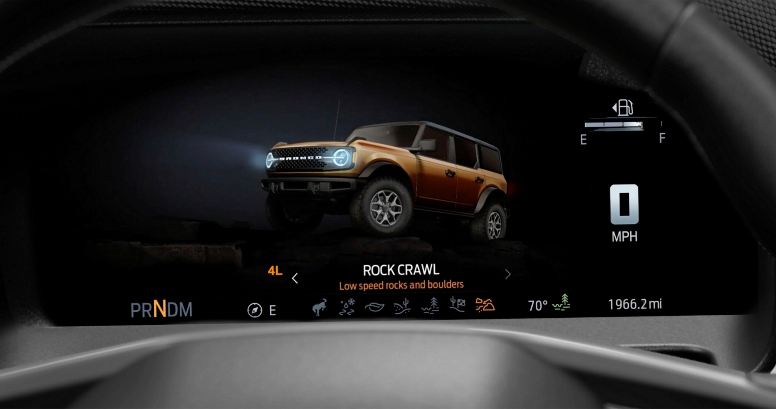 The instrument cluster of a 2026 Ford Bronco showing the Rock Crawl G.O.A.T. mode
