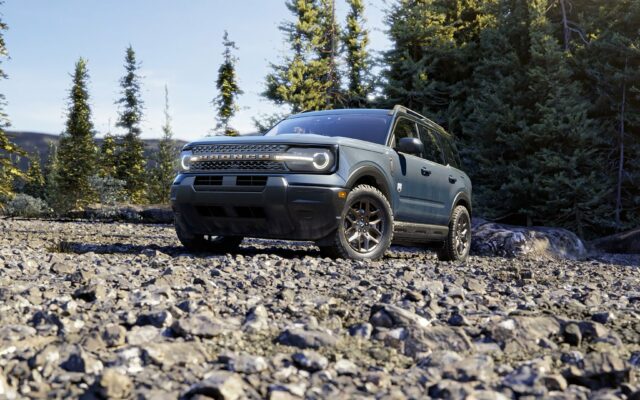 A 2026 Ford Bronco Sport Big Bend on a rocky trail among pines
