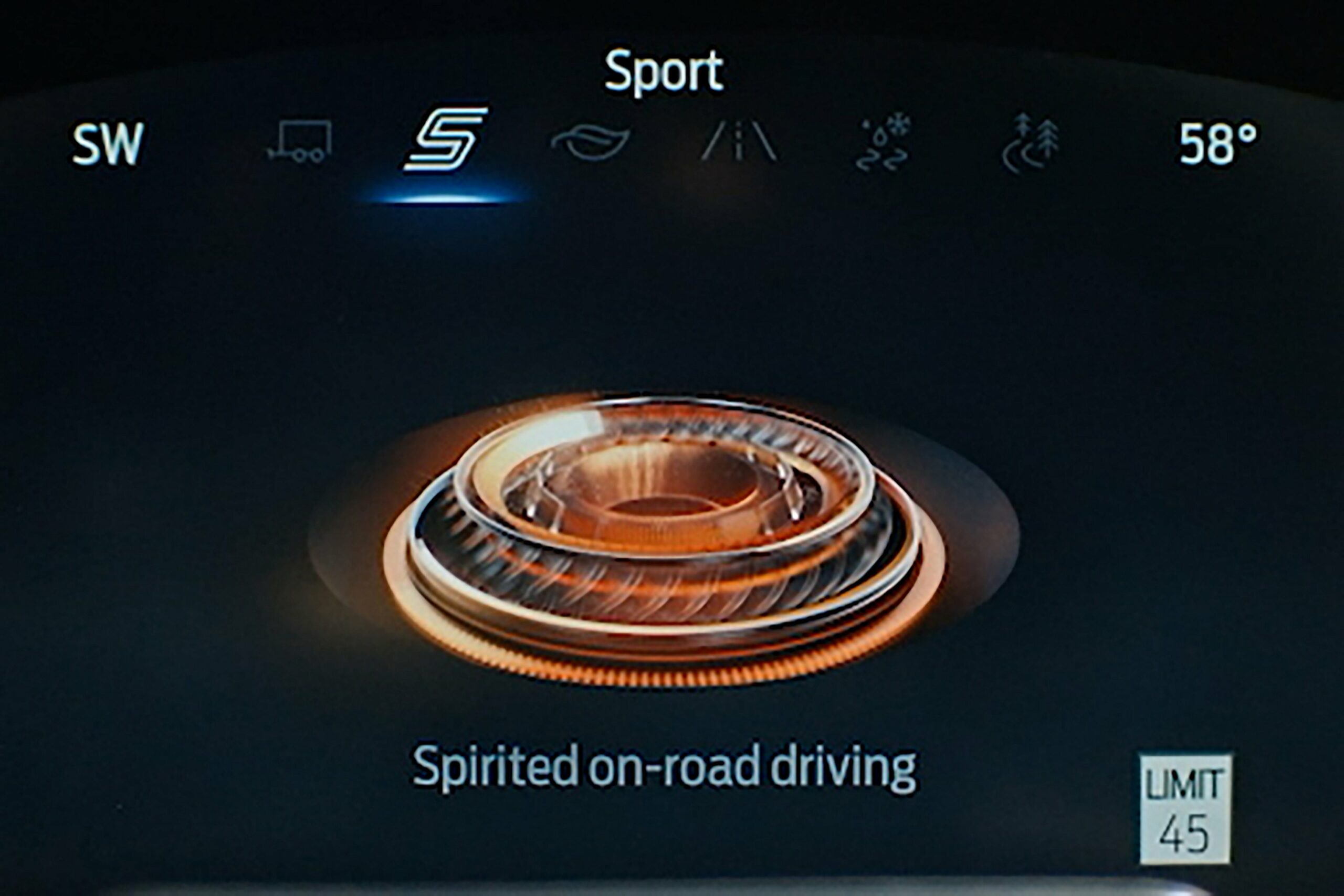 The instrument display of a 2027 Ford Explorer showing the Sport drive mode