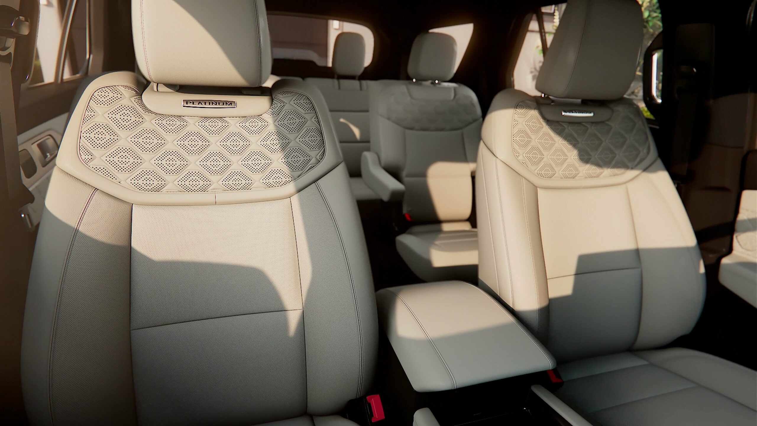 Cream quilted leather front and second-row seats in a 2027 Ford Explorer