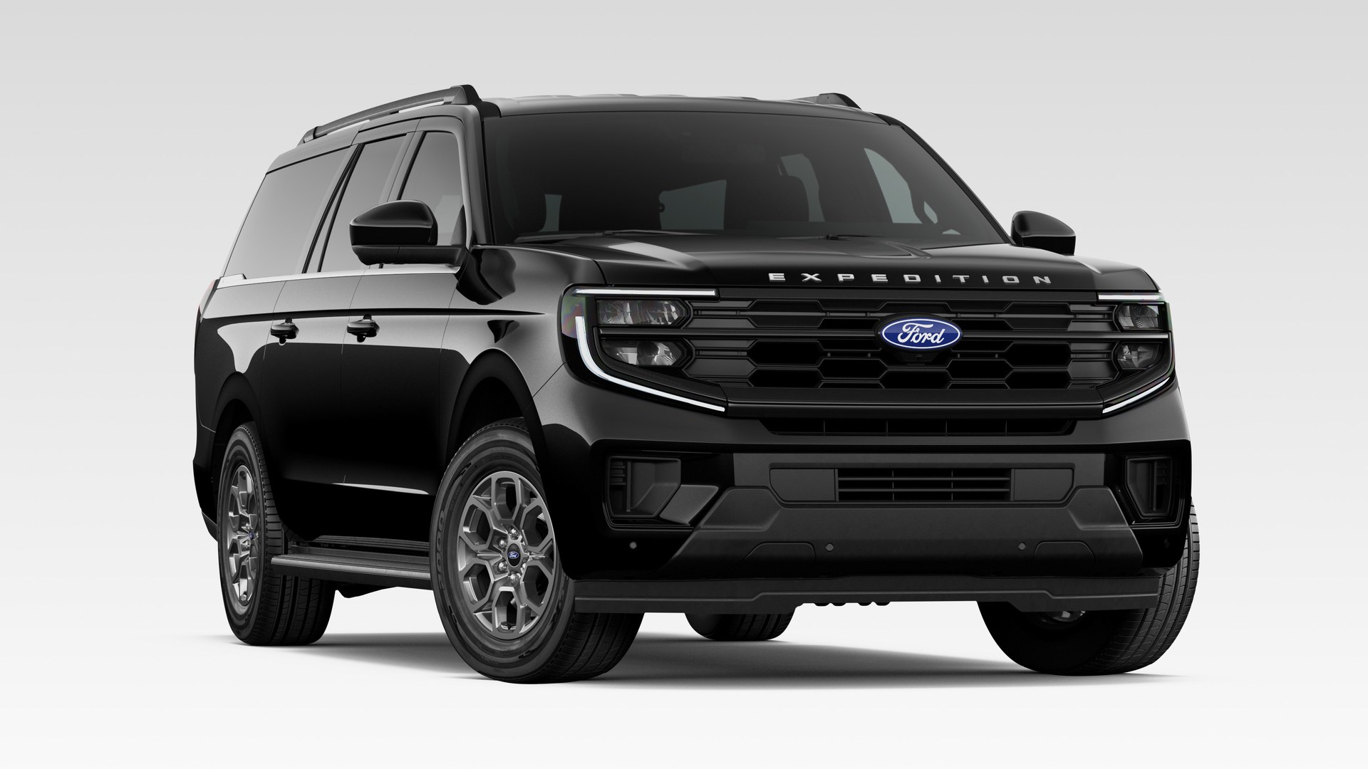 An Agate Black Metallic 2027 Ford Expedition MAX Active in three-quarter front view, on machined silver wheels