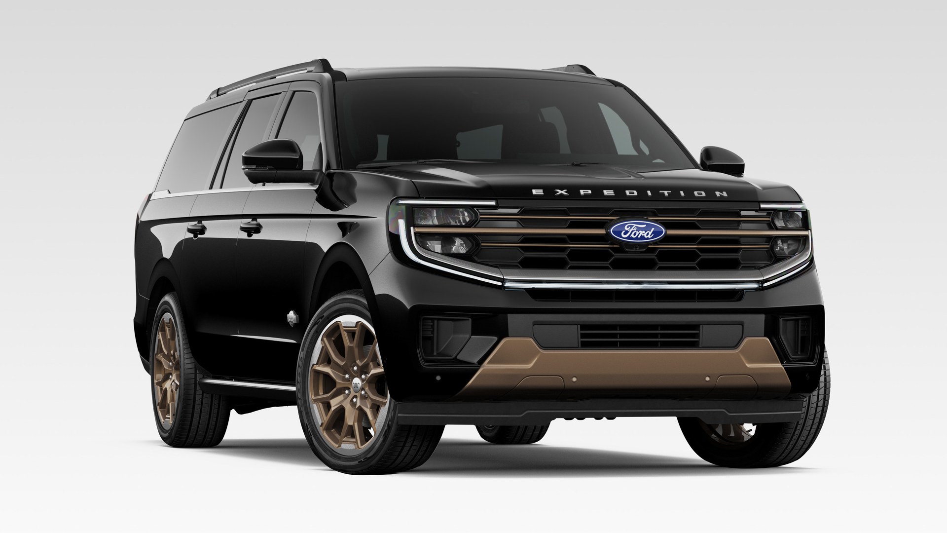 An Agate Black Metallic 2027 Ford Expedition MAX King Ranch in three-quarter front view, on bronze wheels, the longest body in the range