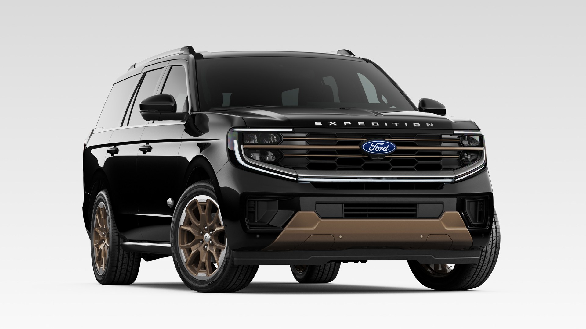 An Agate Black Metallic 2027 Ford Expedition King Ranch in three-quarter front view, on bronze wheels with a bronze lower fascia