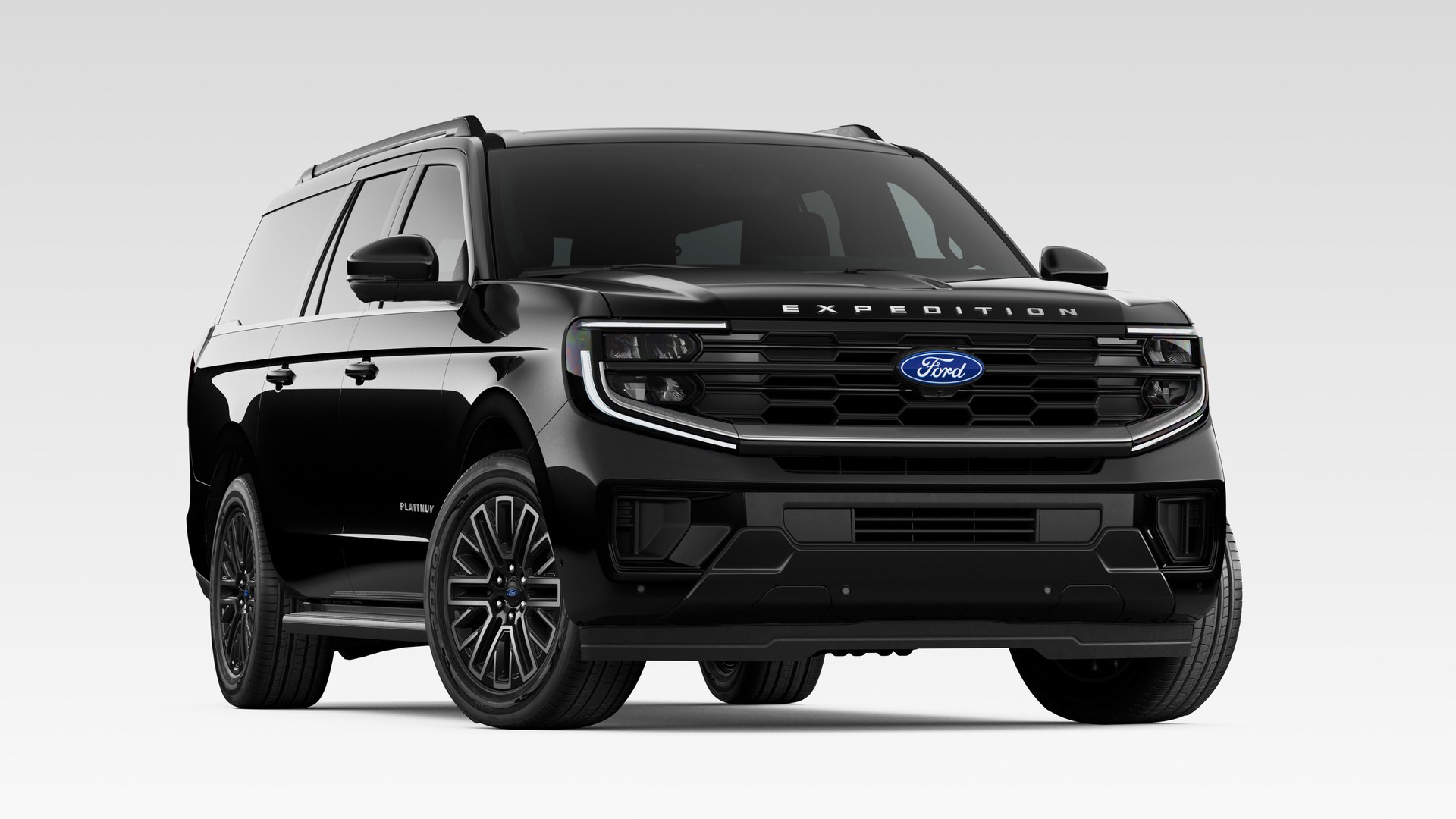 An Agate Black Metallic 2027 Ford Expedition MAX Platinum in three-quarter front view, on gloss-black wheels with a long rear overhang