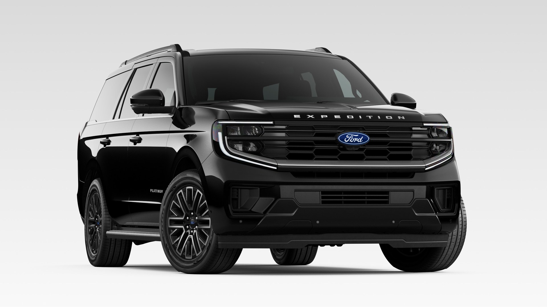 An Agate Black Metallic 2027 Ford Expedition Platinum in three-quarter front view, on gloss-black wheels with a body-color lower fascia