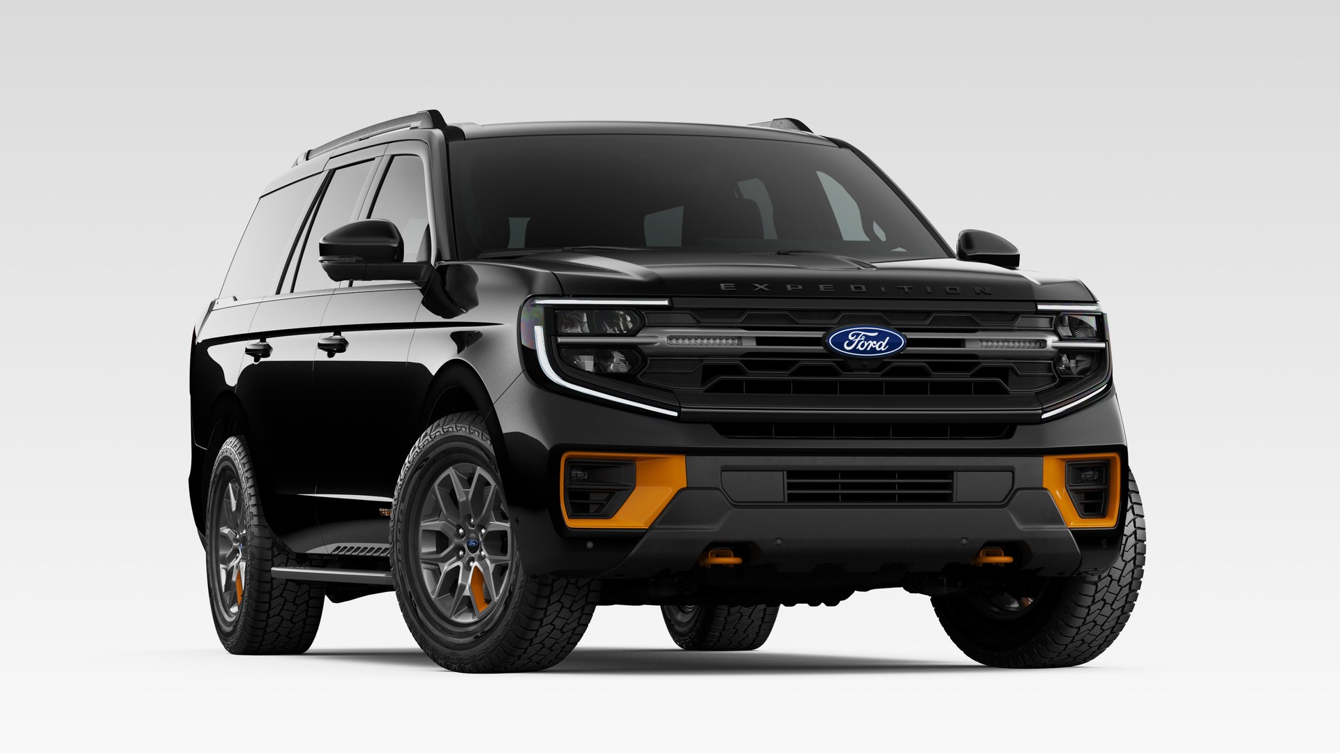 An Agate Black Metallic 2027 Ford Expedition Tremor in three-quarter front view, on dark wheels with all-terrain tires and orange accents in the lower fascia