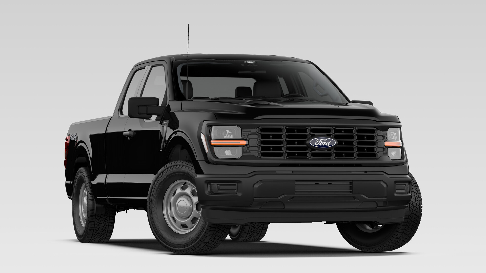 A 2026 Ford F-150 XL SuperCab in Agate Black Metallic with steel wheels and a black front bumper