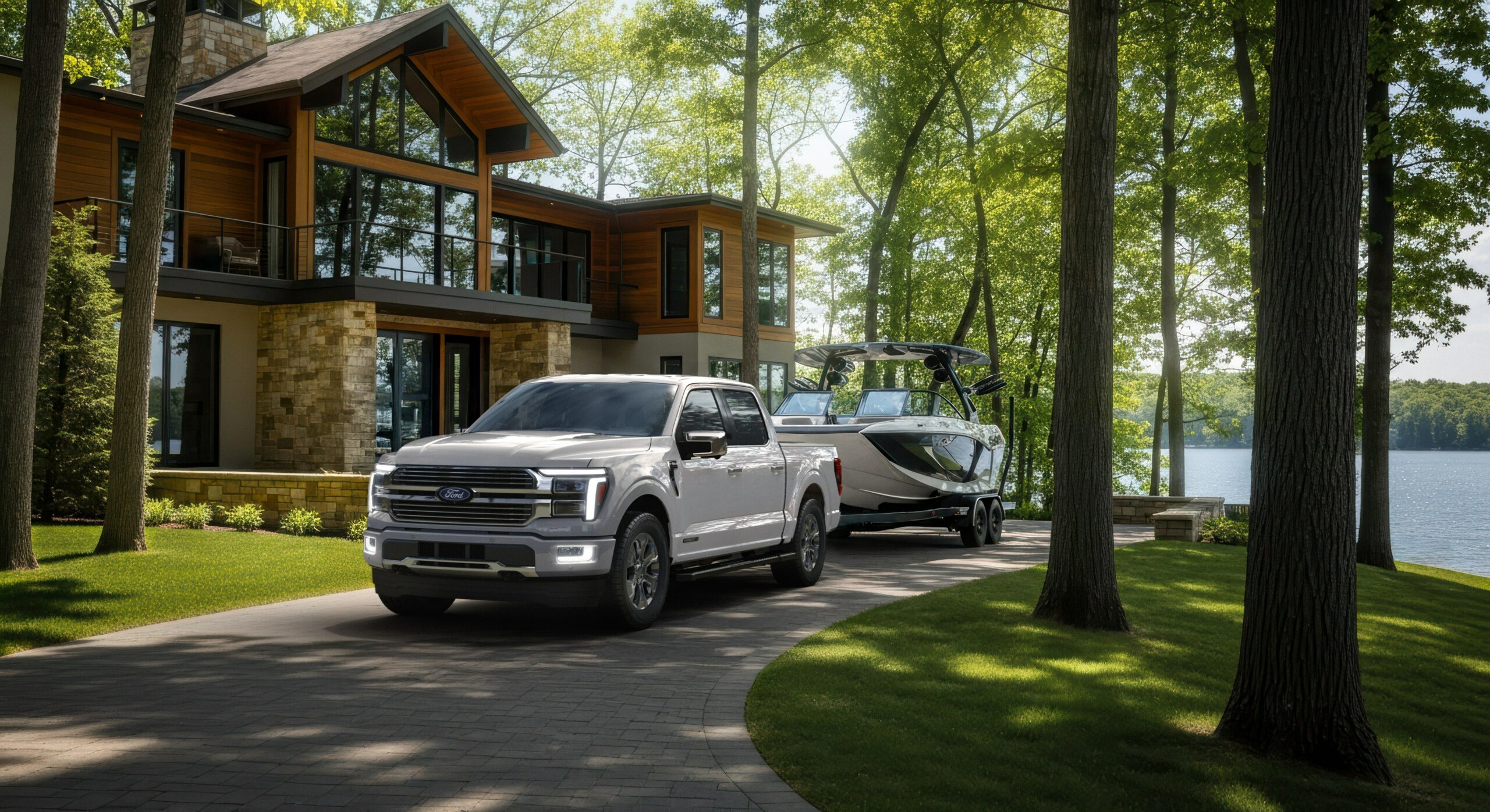 A white 2026 Ford F-150 with a wakeboard boat on a trailer in the driveway of a lakeside house