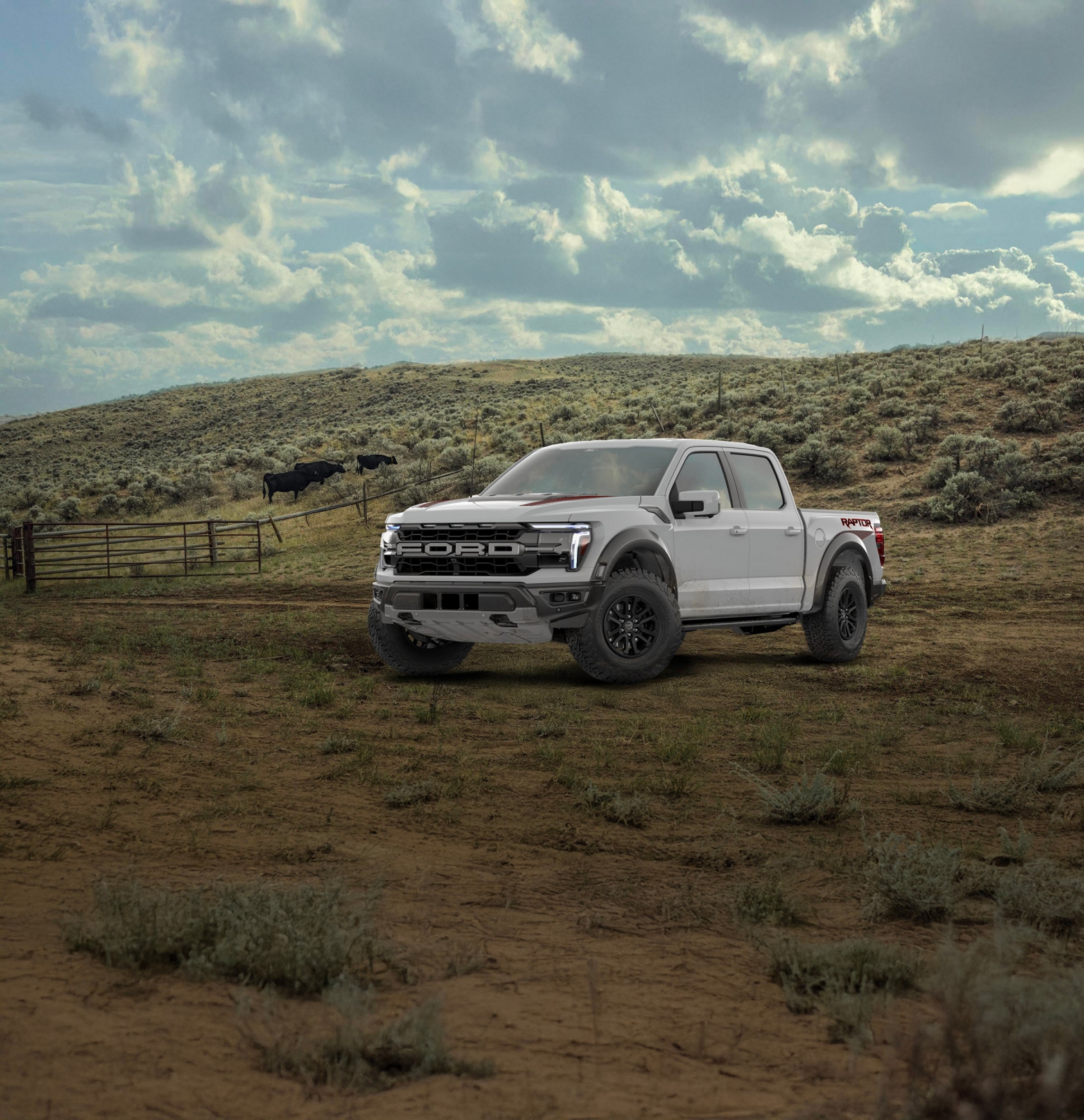 A white 2026 Ford F-150 Raptor parked on open scrubland, with a wire fence and cattle grazing behind it under a wide cloudy sky