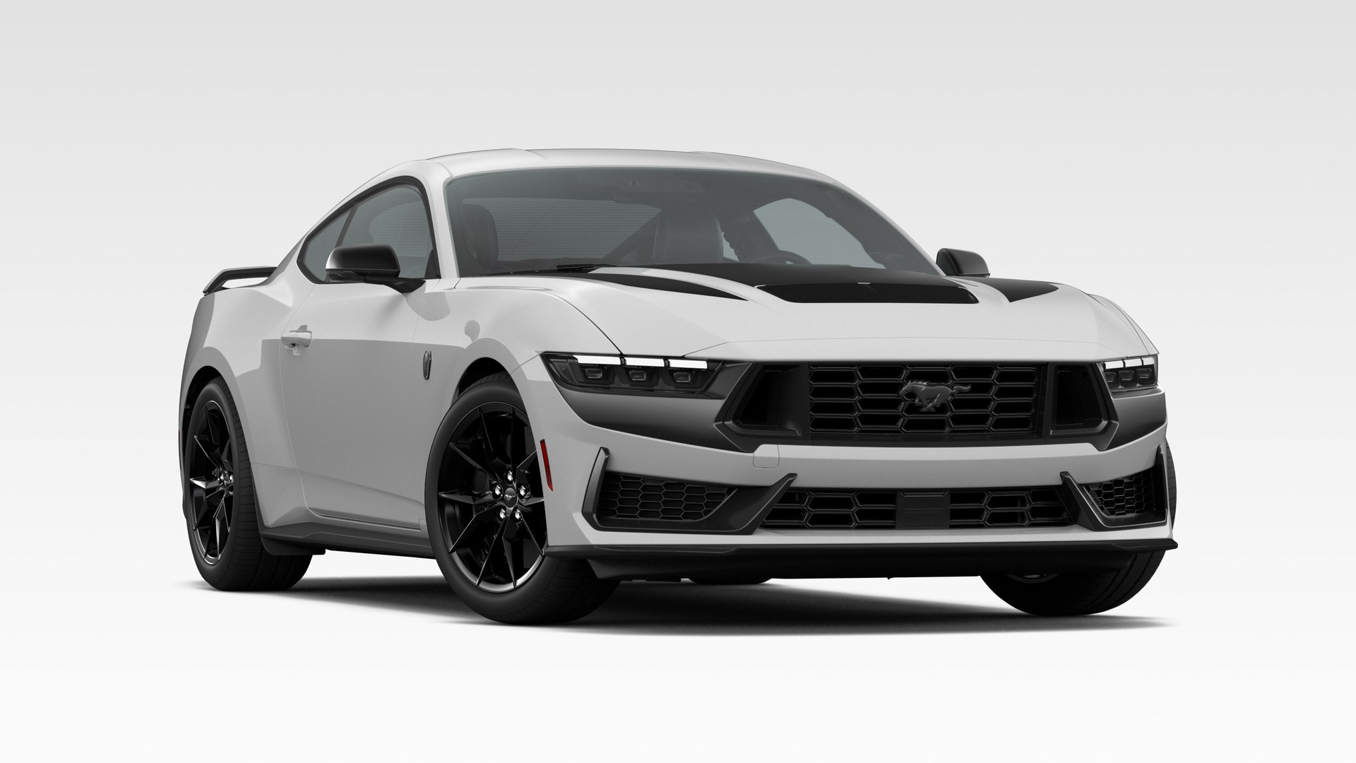 An Avalanche Gray 2026 Ford Mustang Dark Horse Premium in three-quarter front view, with black hood stripes and gloss-black wheels