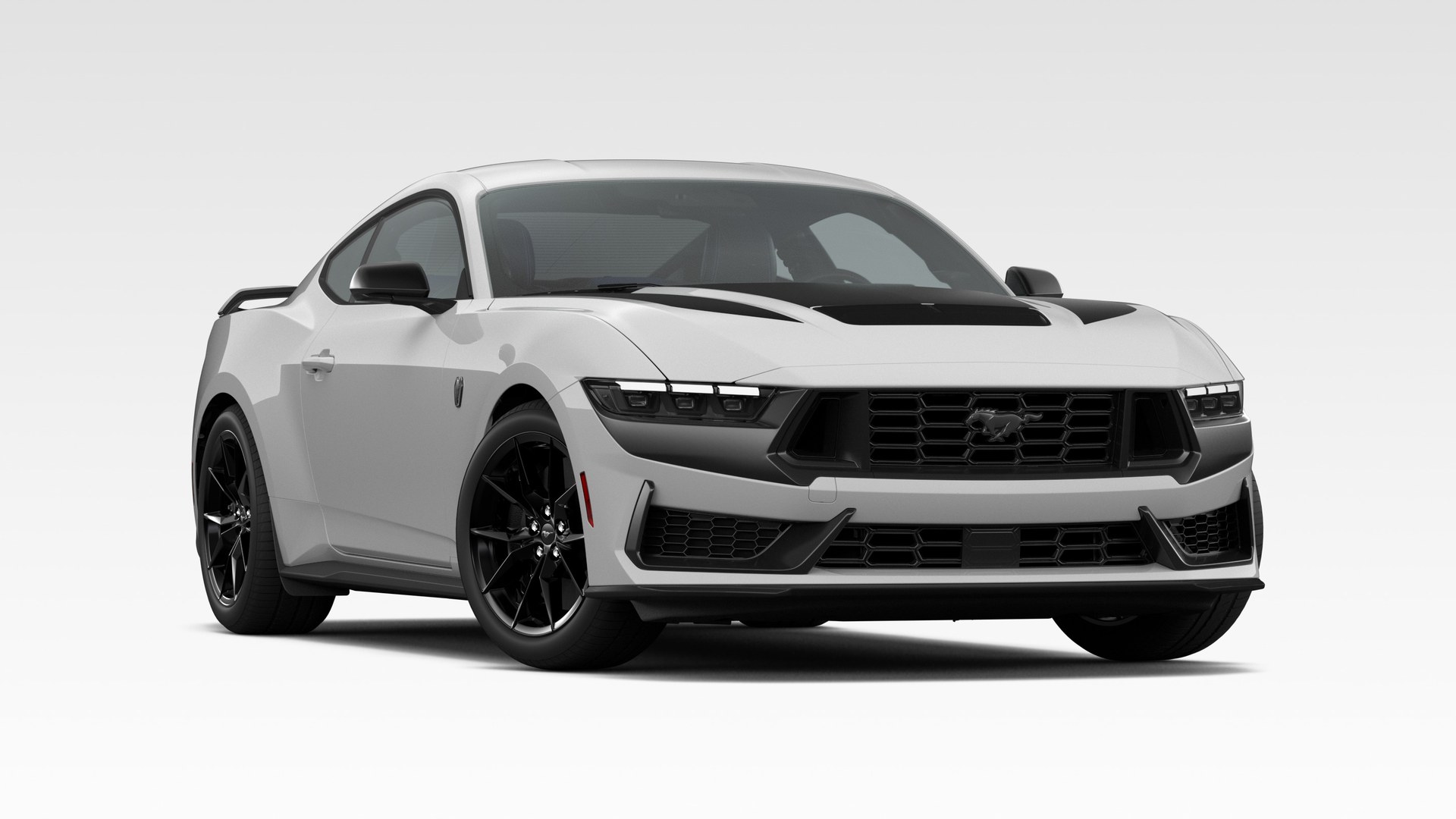 An Avalanche Gray 2026 Ford Mustang Dark Horse in three-quarter front view, with black hood stripes, a black grille and gloss-black wheels