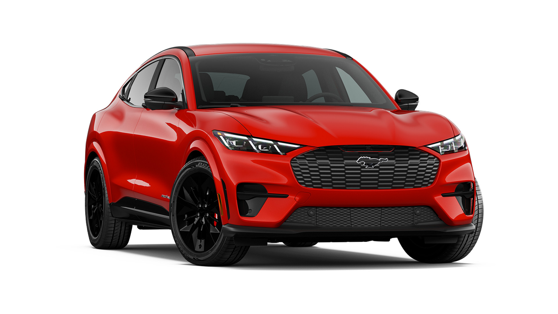 A 2026 Ford Mustang Mach-E GT in Race Red, front three-quarter studio render, black honeycomb mesh grille, gloss-black wheels and red brake calipers