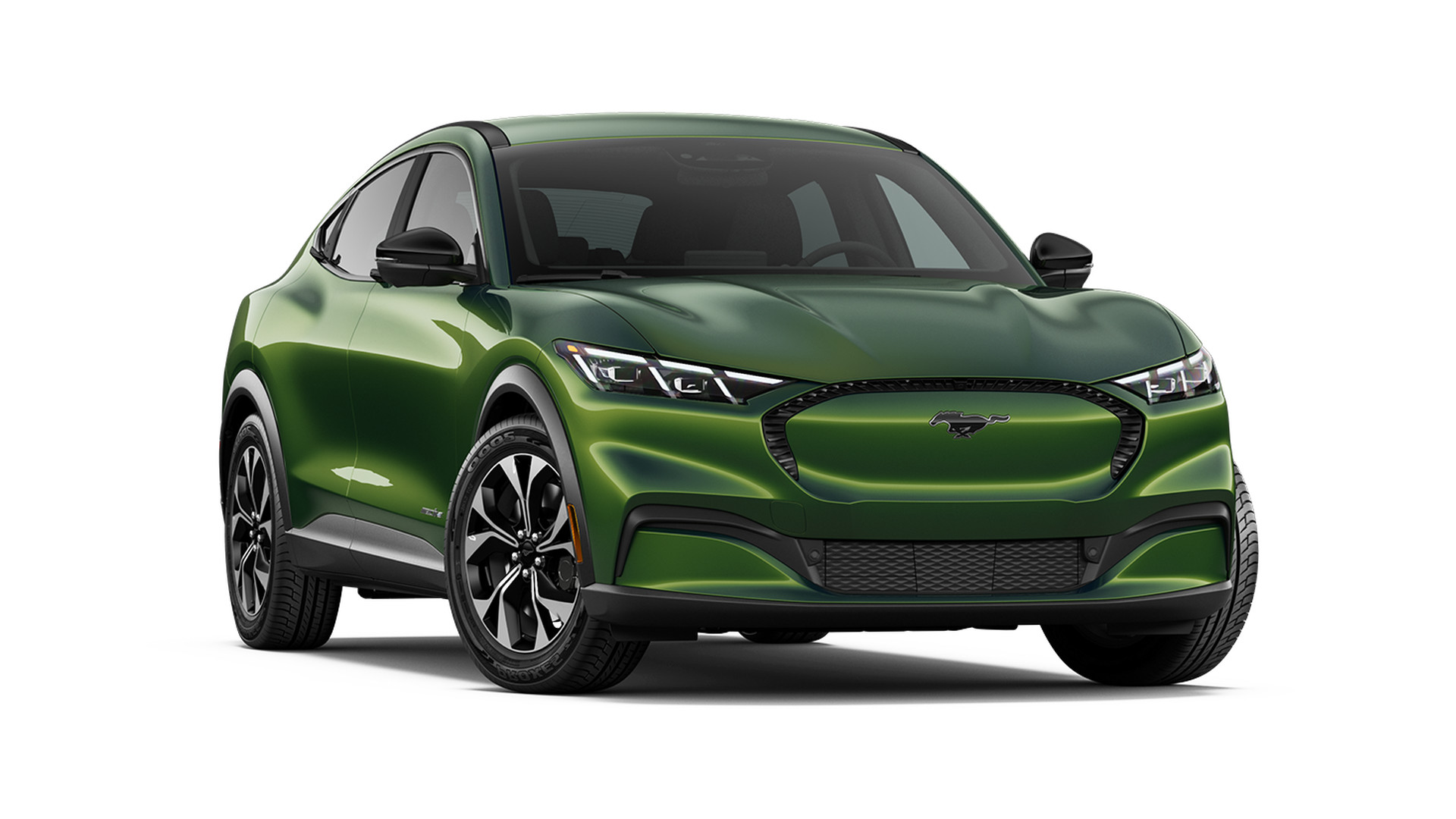 A 2026 Ford Mustang Mach-E Select in Eruption Green, front three-quarter studio render, body-color grille shield with the pony badge and dark multi-spoke wheels