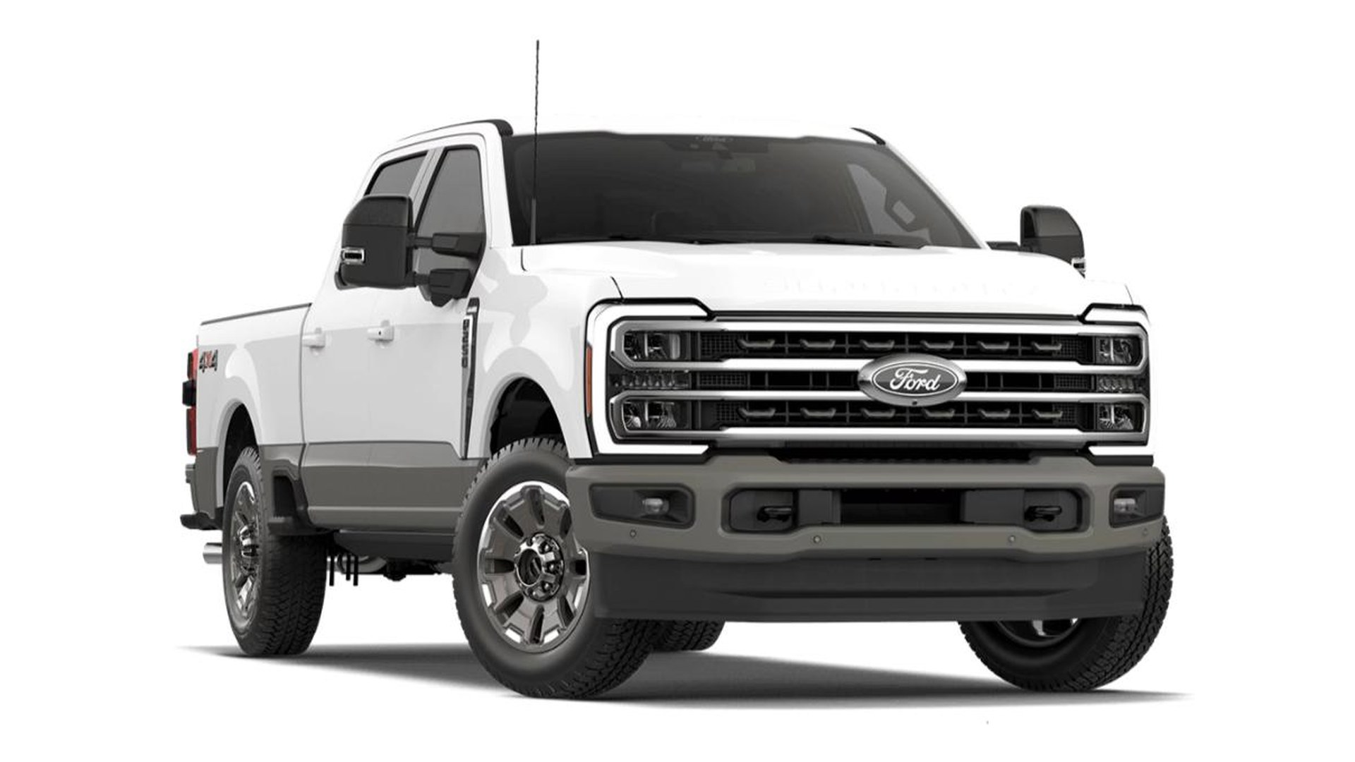 A two-tone 2027 Ford Super Duty F-250 King Ranch crew cab, white upper body over a gray lower body, front three-quarter studio render with chrome-look twenty-inch wheels