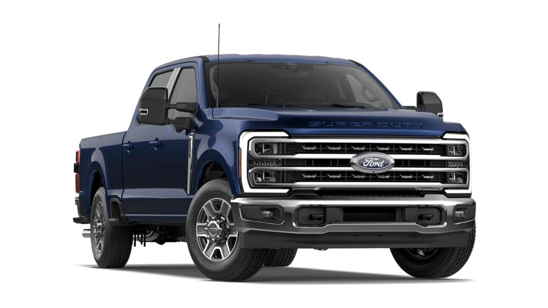 A dark navy 2027 Ford Super Duty F-250 Lariat crew cab with the short box, front three-quarter studio render, bright two-bar chrome grille and machined-face alloy wheels