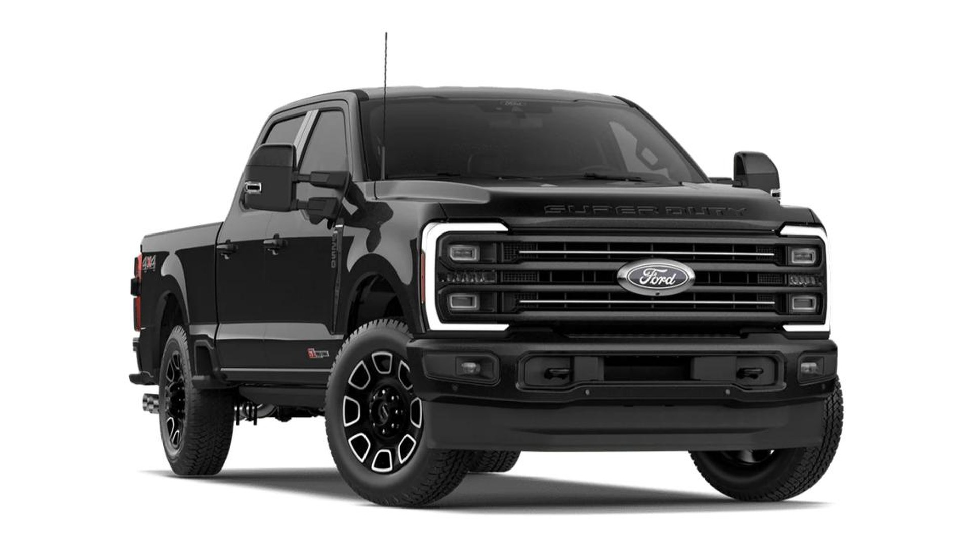 An all-black 2027 Ford Super Duty F-250 Platinum crew cab, front three-quarter studio render with a black grille surround and black-painted wheels