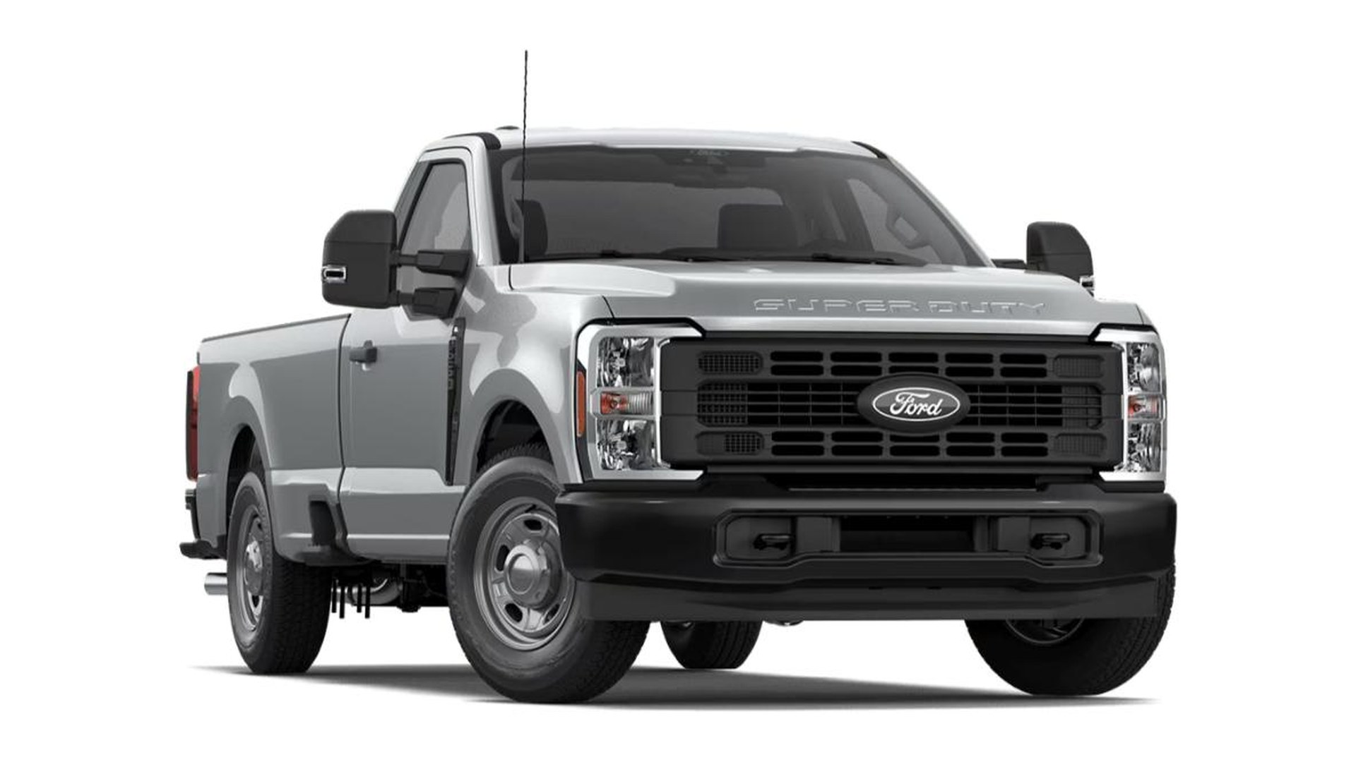 A silver 2027 Ford Super Duty F-250 XL regular cab with the long box, front three-quarter studio render, black grille and bumper and steel wheels with center caps