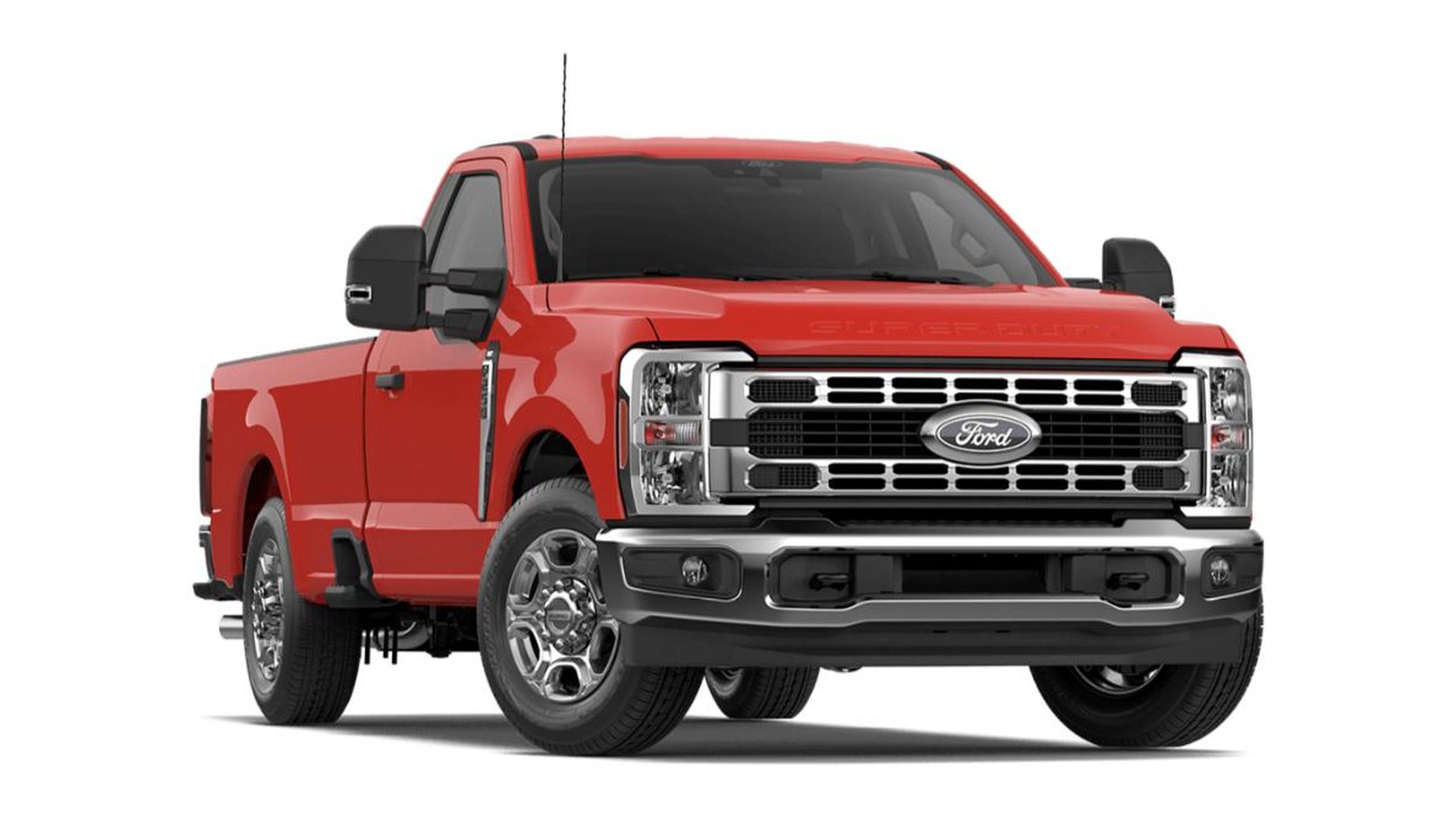 A red 2027 Ford Super Duty F-250 XLT regular cab with the long box, front three-quarter studio render, chrome grille bars and chrome bumper with machined alloy wheels