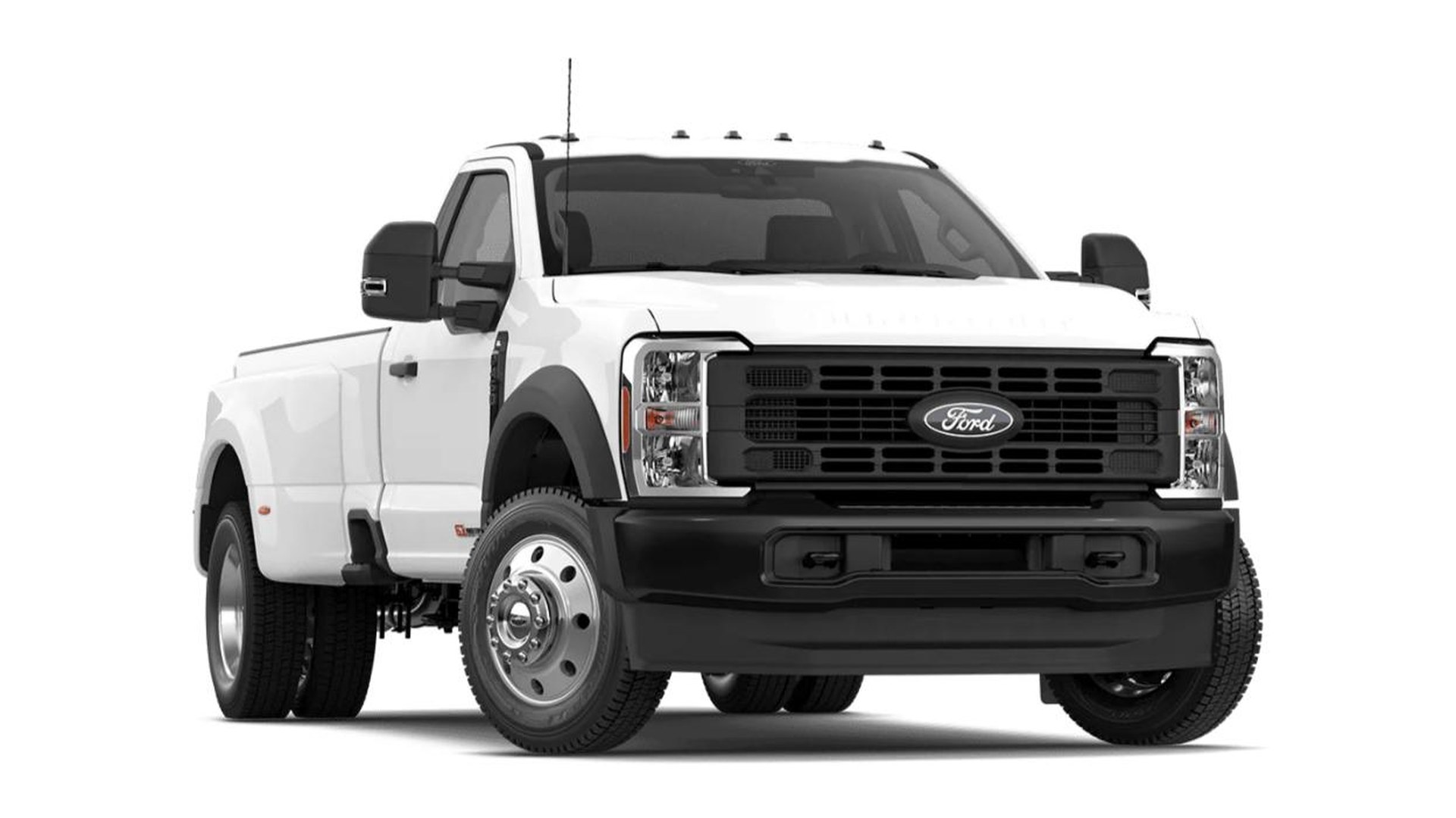 A white 2027 Ford Super Duty F-450 XL regular cab with dual rear wheels and the long box, front three-quarter studio render, black grille and bumper and polished steel dually wheels
