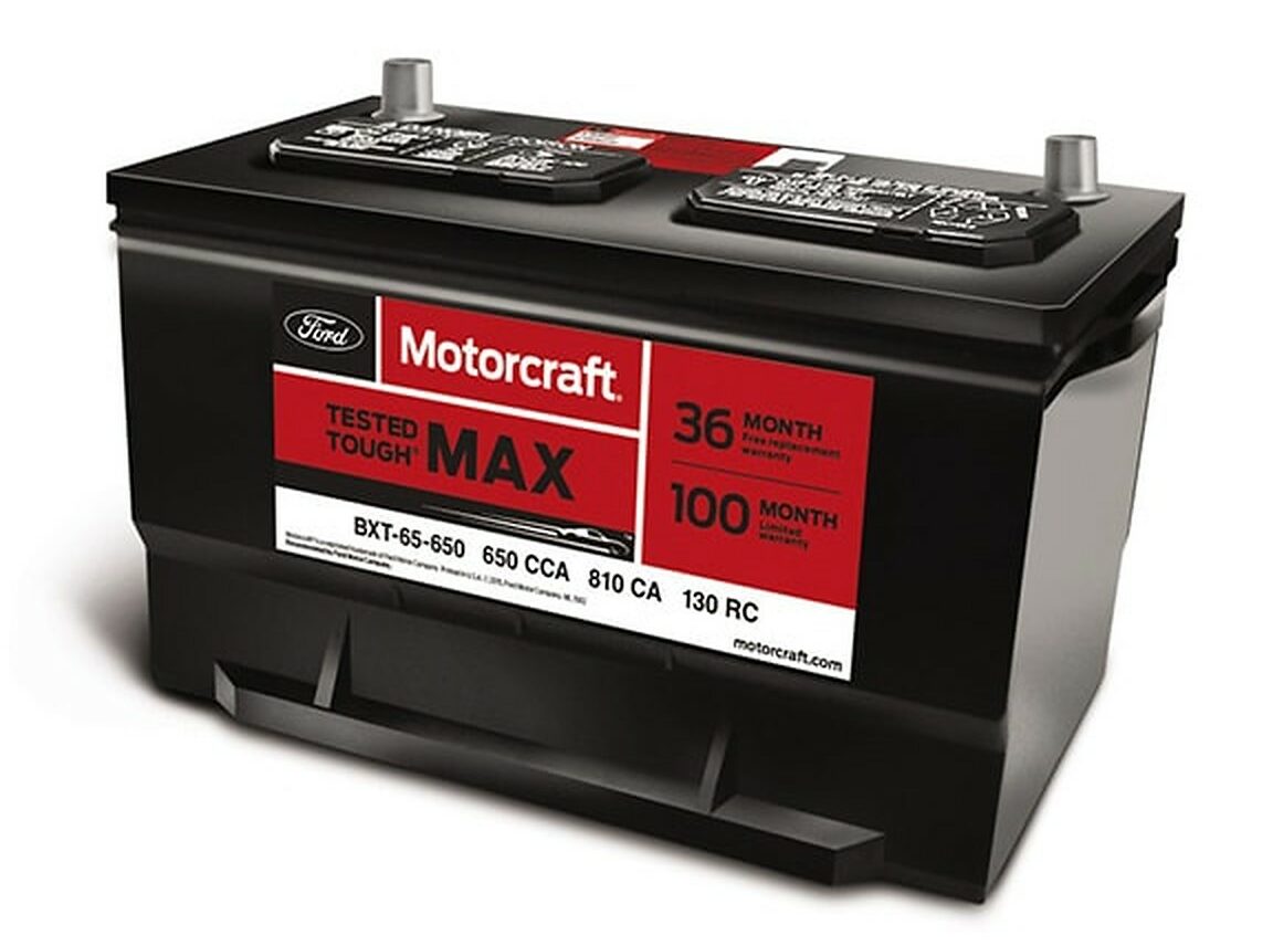 A Motorcraft Tested Tough MAX battery, its case marked 36 month and 100 month