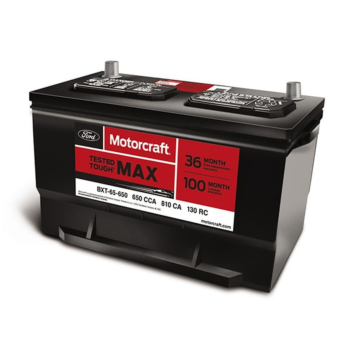 A Motorcraft battery on a workbench