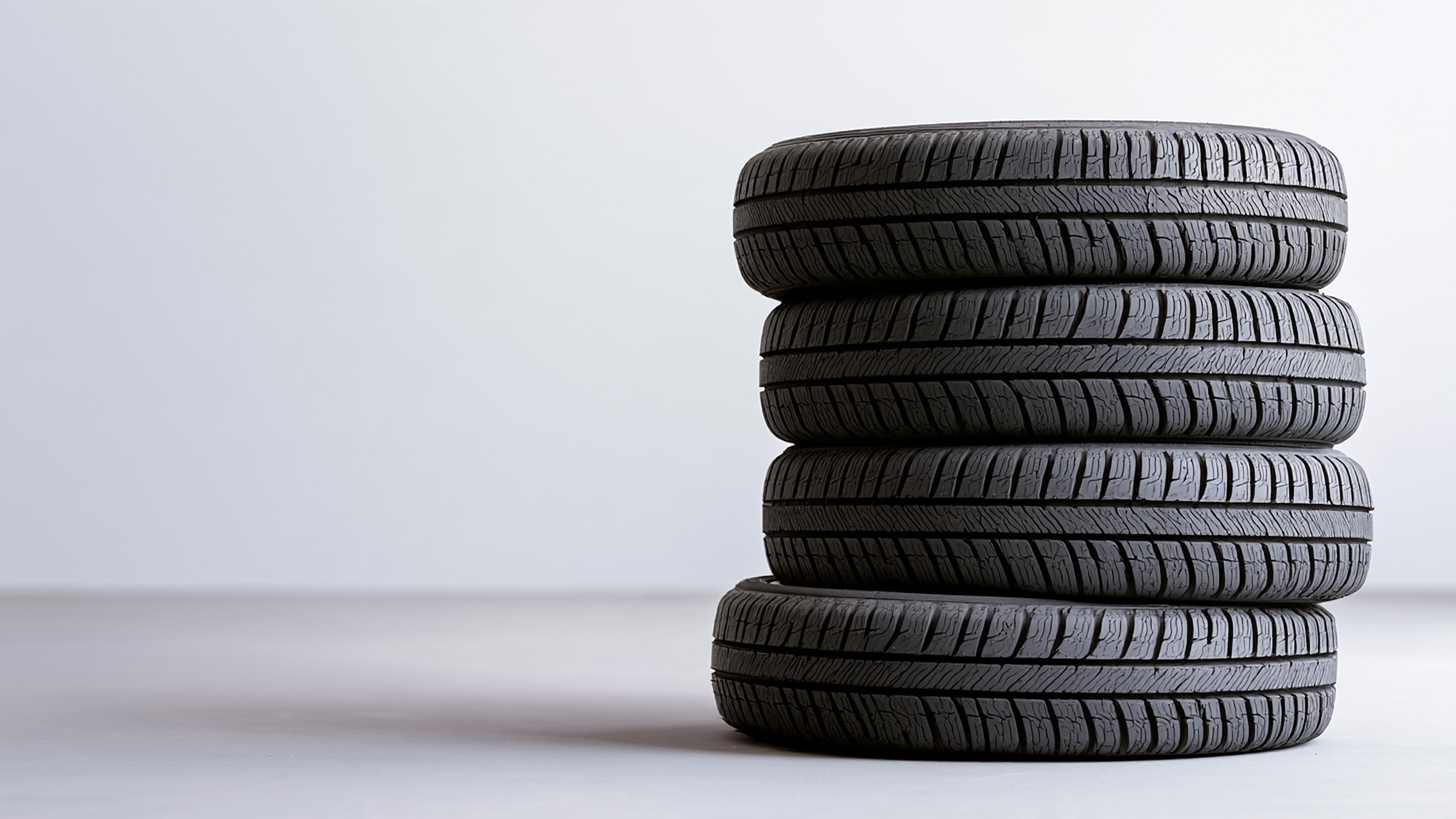 A stack of new tires on a pale workshop floor