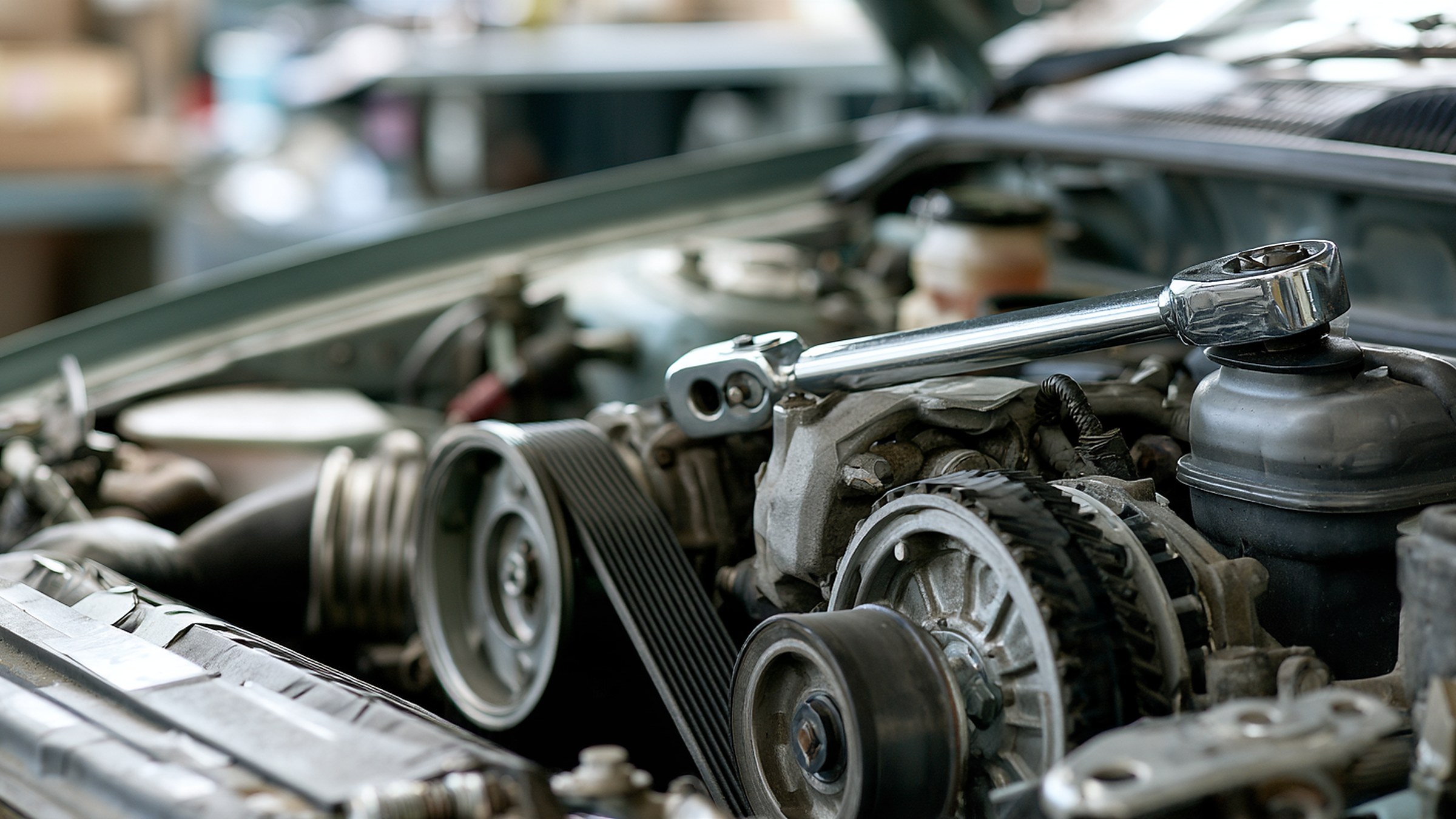 A ratchet resting in an open engine bay beside the drive belt and pulleys