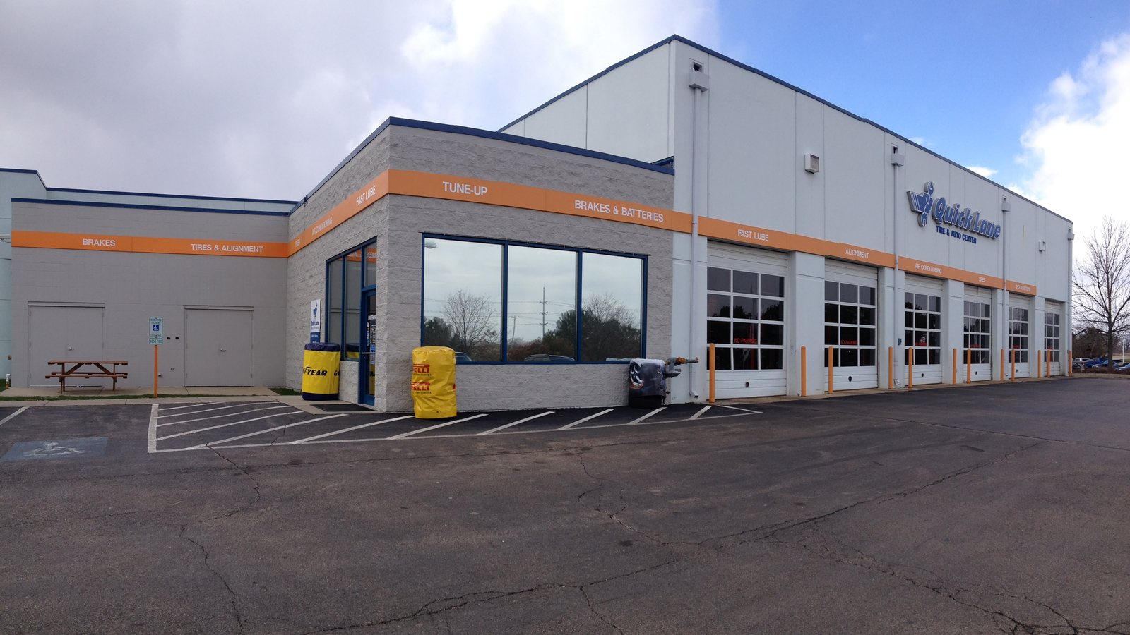 The Quick Lane building at Huntley Ford, a row of service bays under the Quick Lane sign